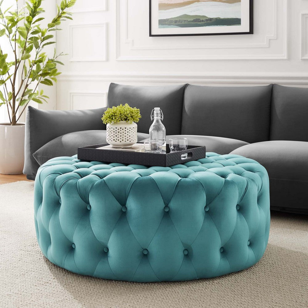 Amour Tufted Button Large Round Performance Velvet Ottoman - No Shipping Charges MDY-EEI-5469-BLK