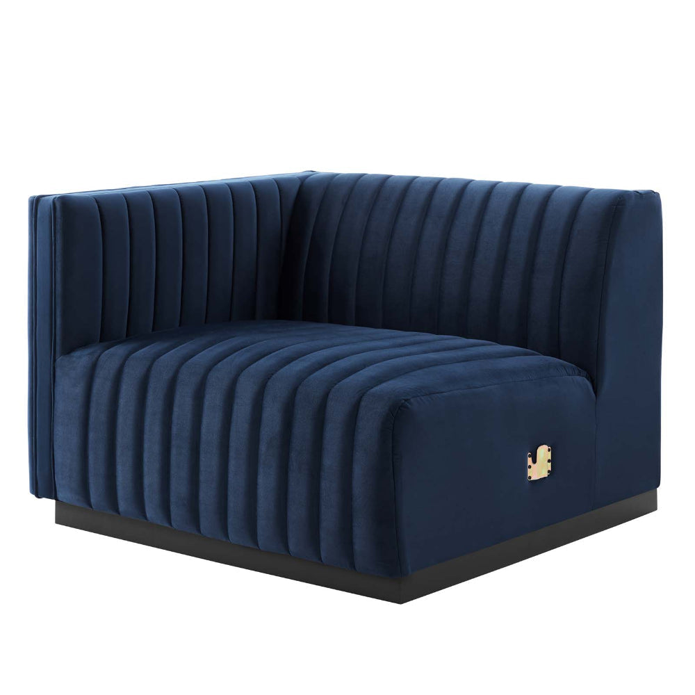 Modway Conjure Channel Tufted Upholstered Performance Velvet Sectional Sofa Left-Arm Chair in Black Midnight Blue