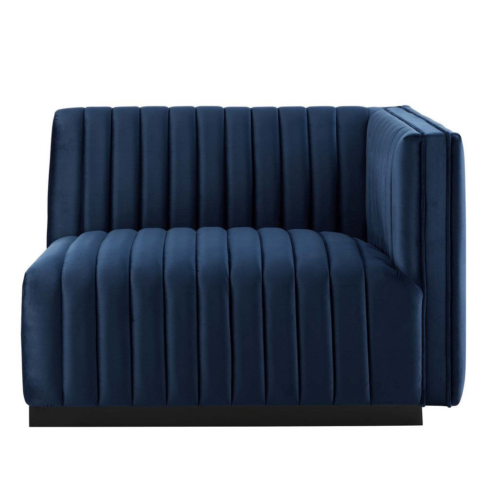 Modway Conjure Channel Tufted Upholstered Performance Velvet Sectional Sofa Right-Arm Chair in Black Midnight Blue MDY-EEI-5492-BLK-MID