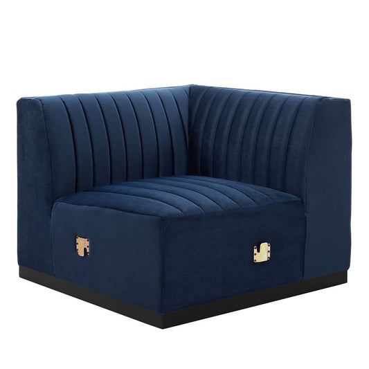 Modway Conjure Channel Tufted Upholstered Performance Velvet Sectional Sofa, Right Corner Chair, Black Midnight Blue