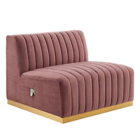 Modway Conjure Channel Tufted Upholstered Performance Velvet Sectional Sofa Armless Chair in Gold Dusty Rose