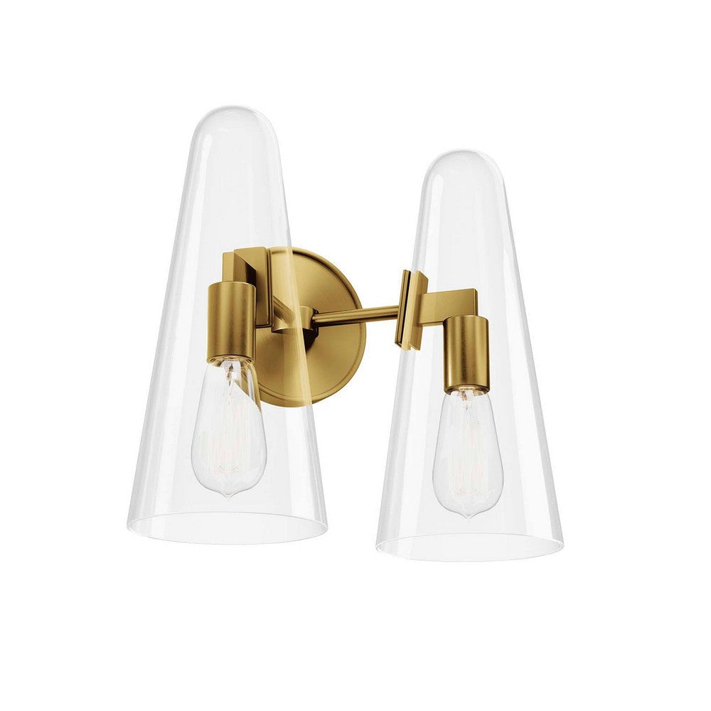 Modway Beacon 2-Light Wall Sconce in Clear Satin Brass, Brown, 7 x 12 x 11.5