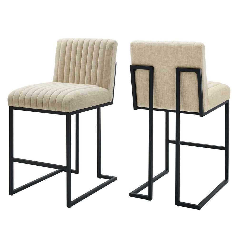 Modway Indulge Channel Tufted Fabric Counter-Height Bar Stools in Beige - Set of 2