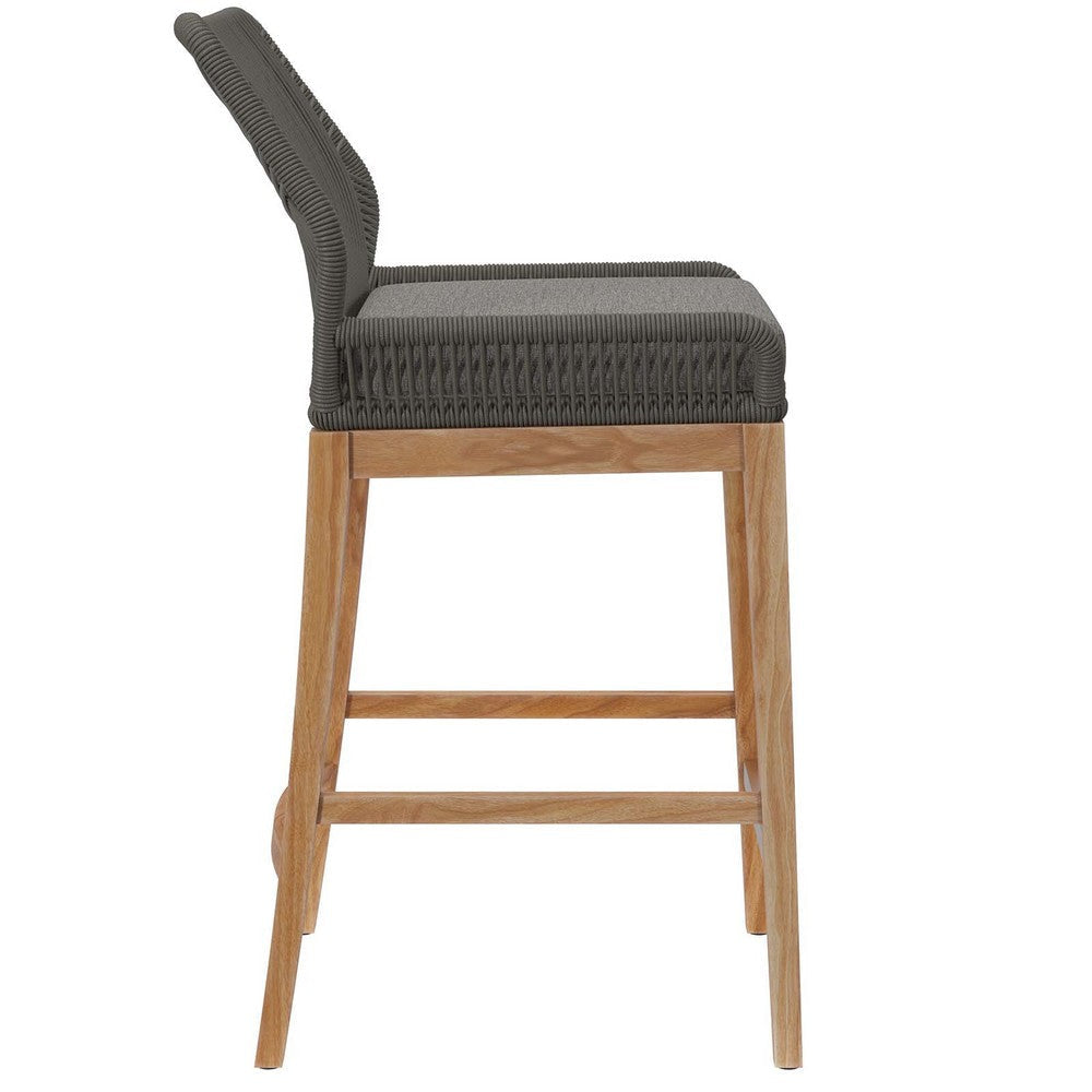 Modway Wellspring Outdoor Patio Teak and Woven Rope Bar Stool in Gray Graphite MDY-EEI-5746-GRY-GPH