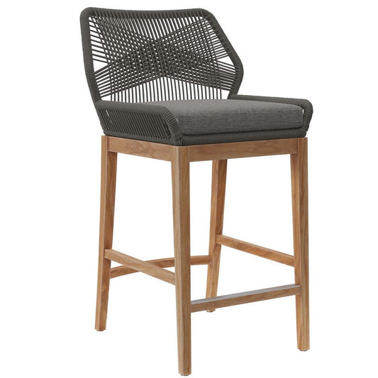 Modway Wellspring Outdoor Patio Teak and Woven Rope Bar Stool in Gray Graphite