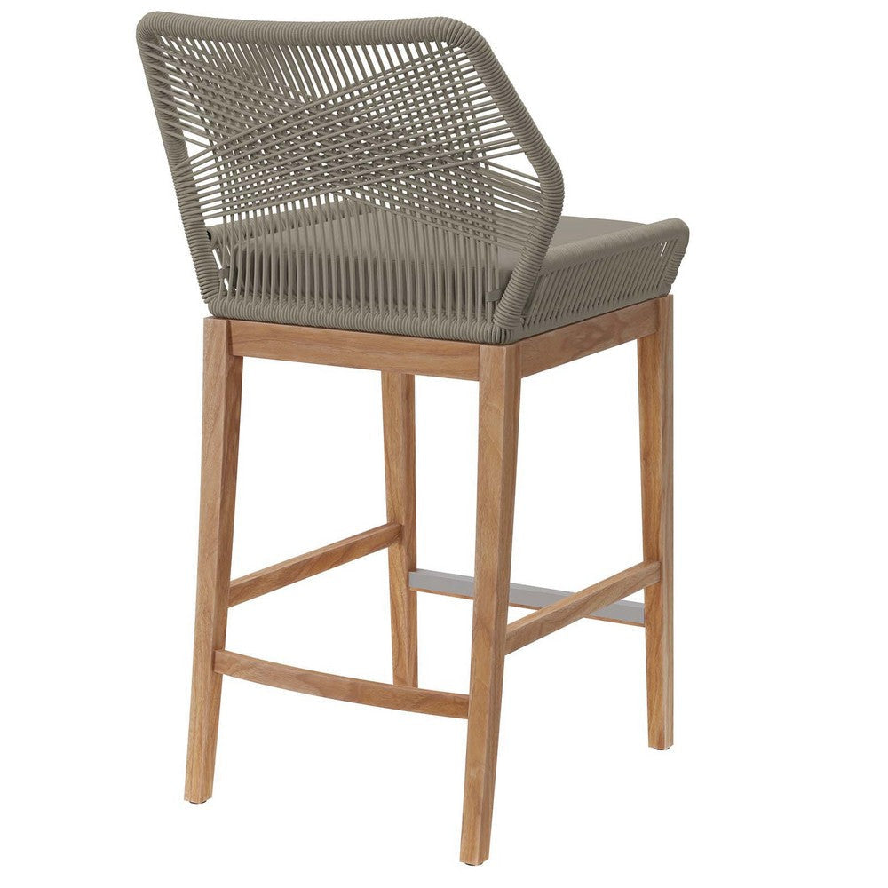 Modway Wellspring Outdoor Patio Teak and Woven Rope Bar Stool in Light Gray Greige MDY-EEI-5746-LGR-GRG