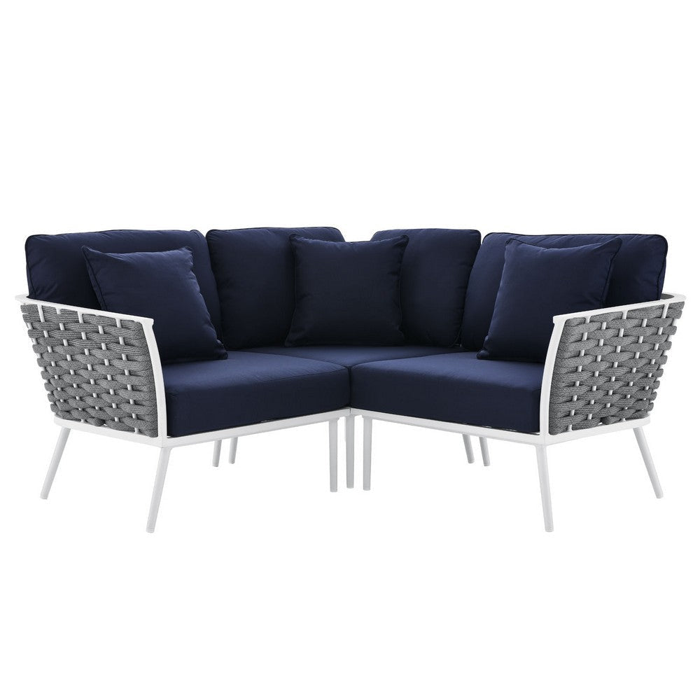 Modway Stance Outdoor Patio Woven Rope Aluminum, Small Sectional Sofa, White Navy