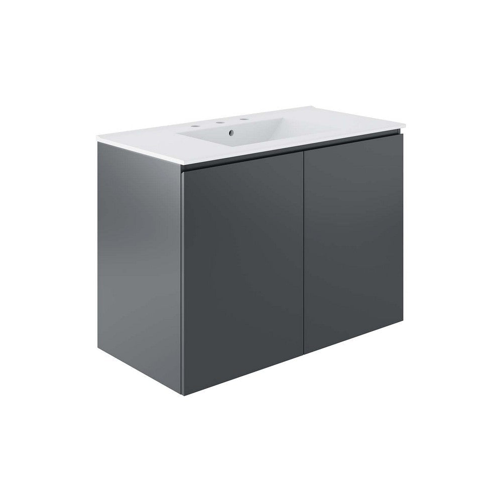 Modway Bryn Wall-Mount Bathroom Vanity, 36 Inch, Gray White