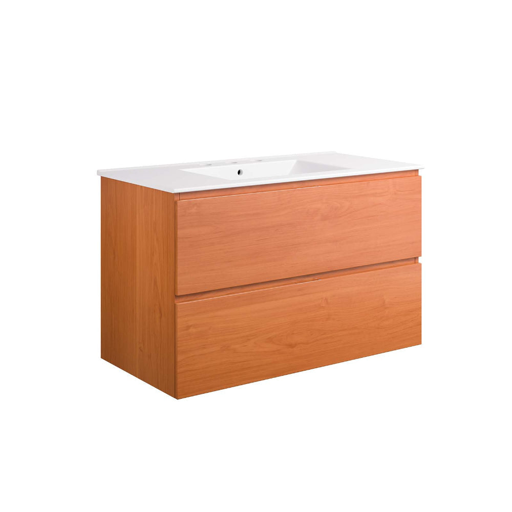 Modway Scenic Wall-Mount Bathroom Vanity Cabinet-with Ceramic Sink, 36 Inch, Cherry White