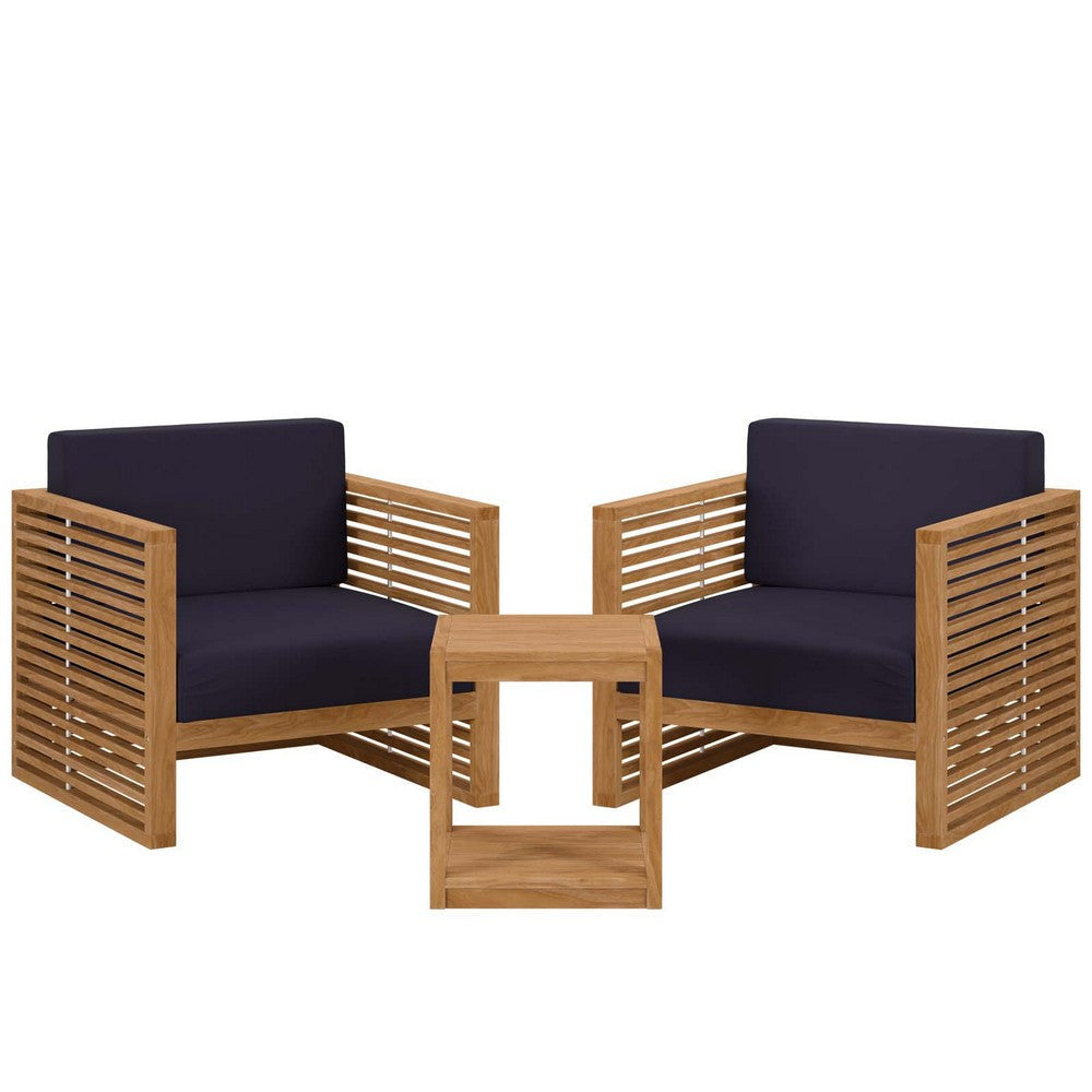 Modway Carlsbad Teak Wood Outdoor Natural Navy, 3-Piece Patio Set