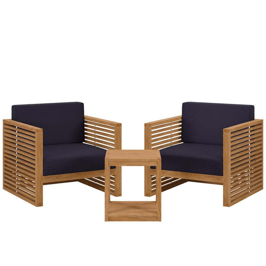 Modway Carlsbad Teak Wood Outdoor Natural Navy, 3-Piece Patio Set