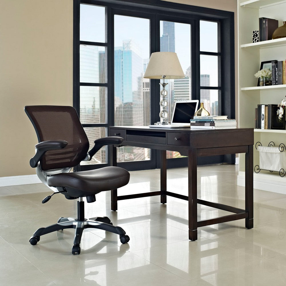 Modway Edge Mesh Back and White Vegan Leather Seat Office Chair with Flip-Up Arms-Computer Desks in Brown MDY-EEI-595-BRN