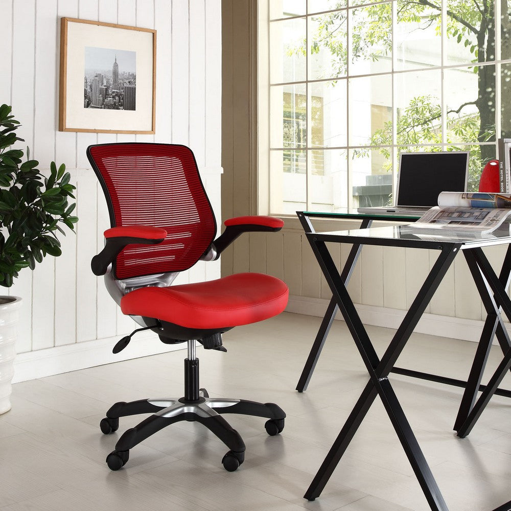 Modway Edge Mesh Back and White Vinyl Seat Office Chair With Flip-Up Arms - Computer Desks in Red