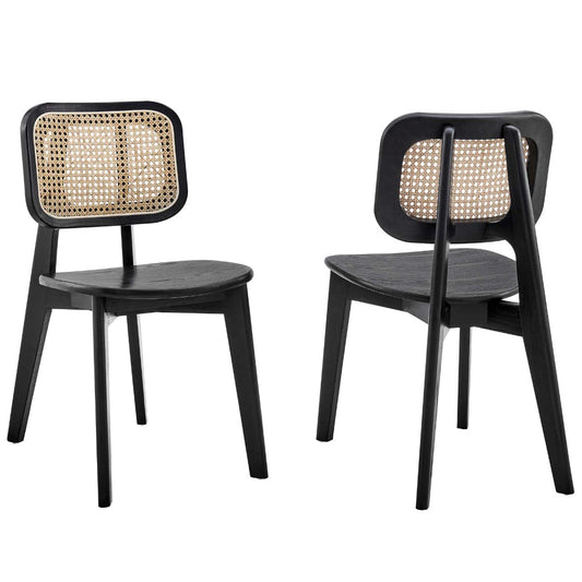 Modway Habitat Wood Cane Rattan, Dining Side Chair - Set of 2, Black