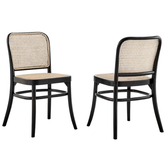 Modway Winona Elm Wood Cane Rattan Seat, Dining Side Chair - Set of 2, Black