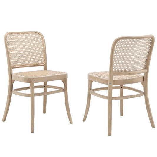 Modway Winona Elm Wood Cane Rattan Seat, Dining Side Chair - Set of 2, Gray