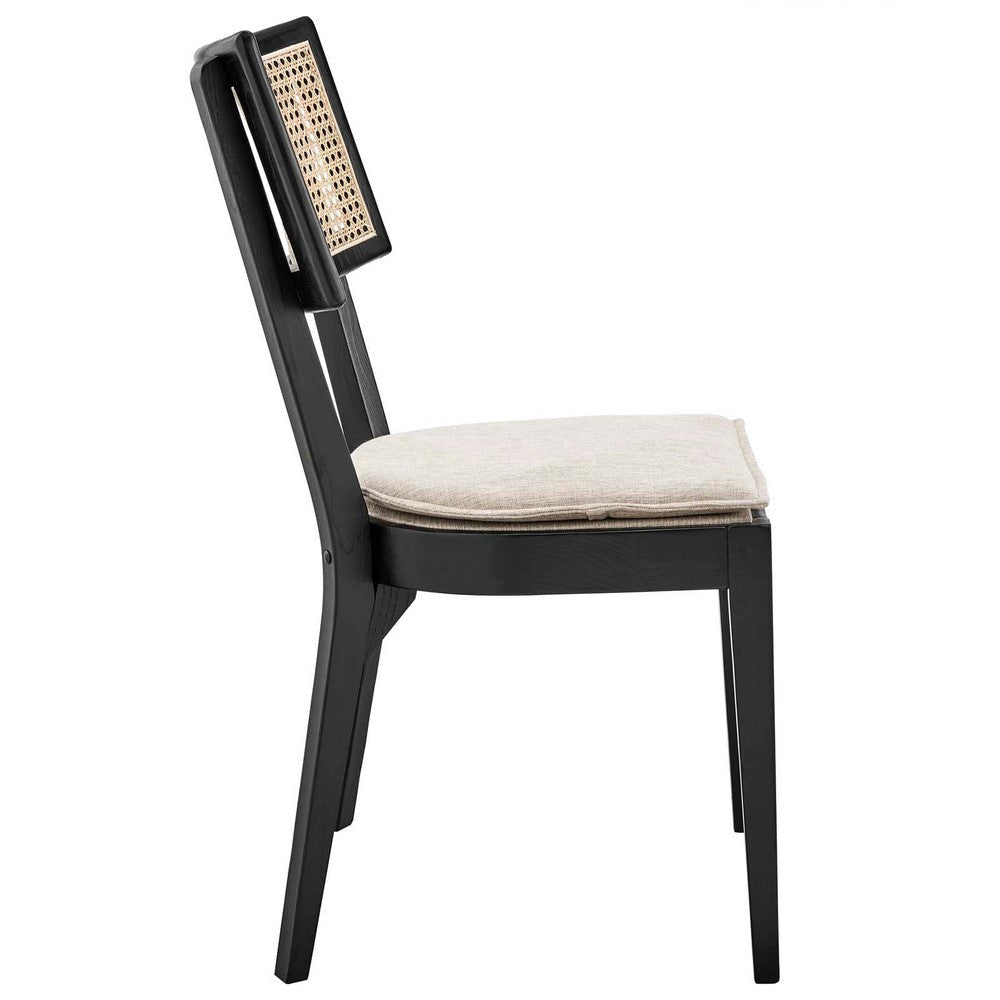 Modway Caledonia Wood Dining Chair with Cane Rattan in Black Beige-Set of 2 MDY-EEI-6080-BLK-BEI