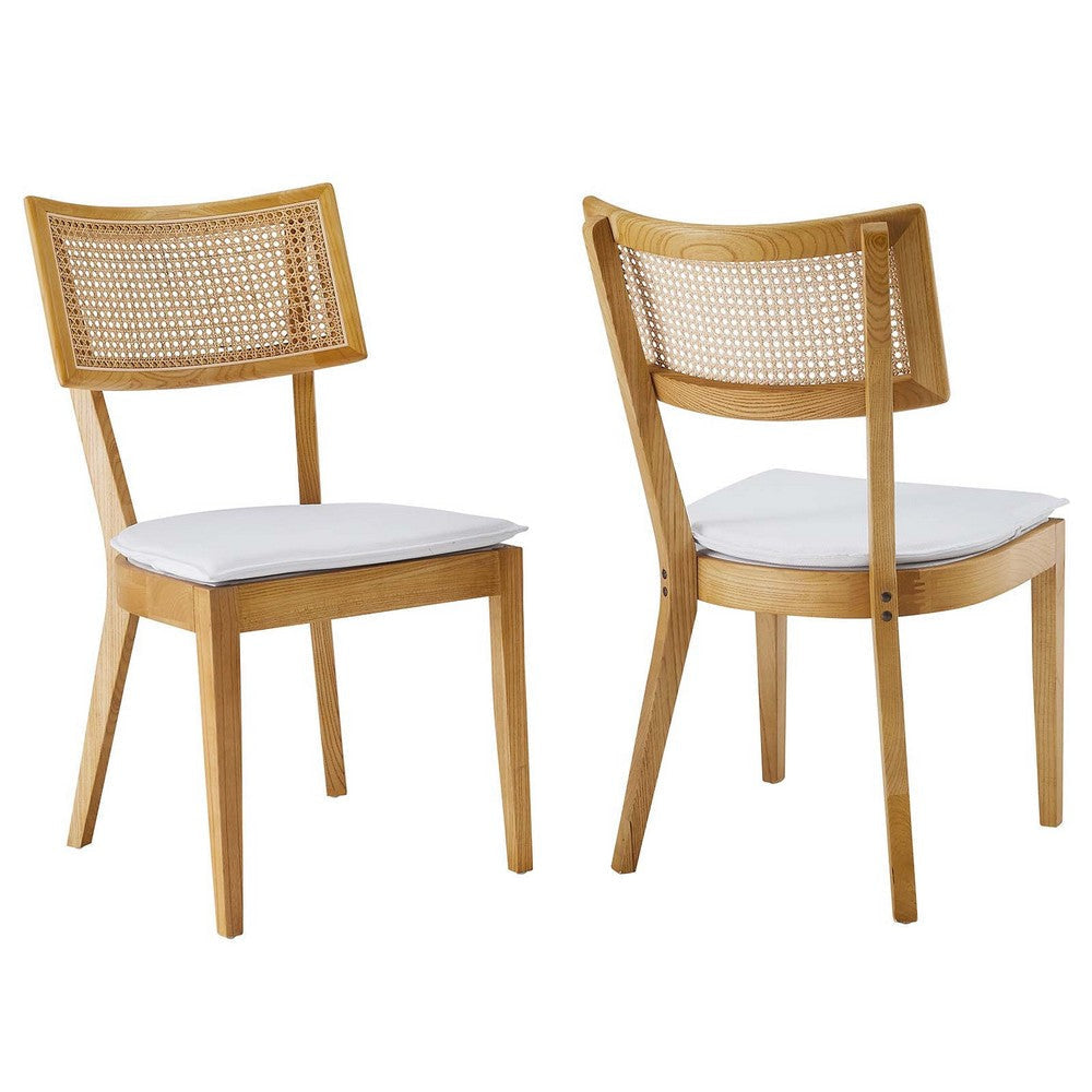 Modway Caledonia Elm Wood Rattan Set of 2 in Natural White | Retro Kitchen, Living Accent Chair for Dining Room