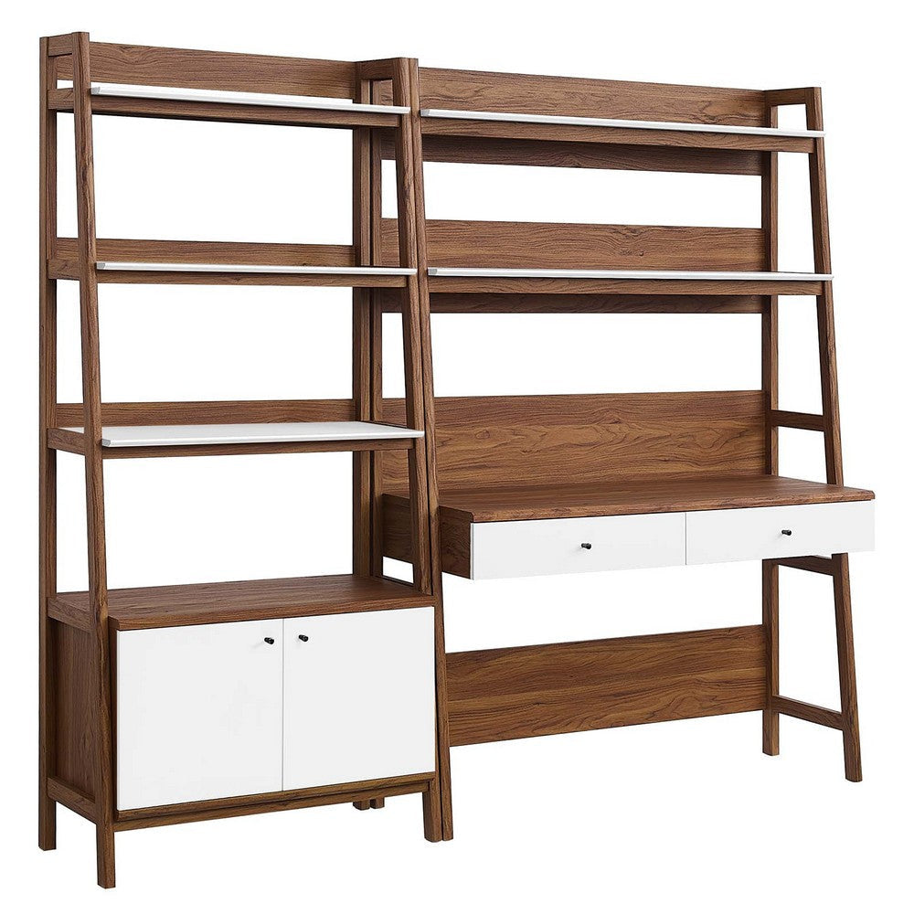 Modway Bixby 2-Piece Home Office Desk and Bookshelf Display Case in Walnut White