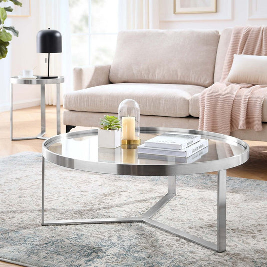 Relay Glass and Metal Accent Side Table In Silver By Modway