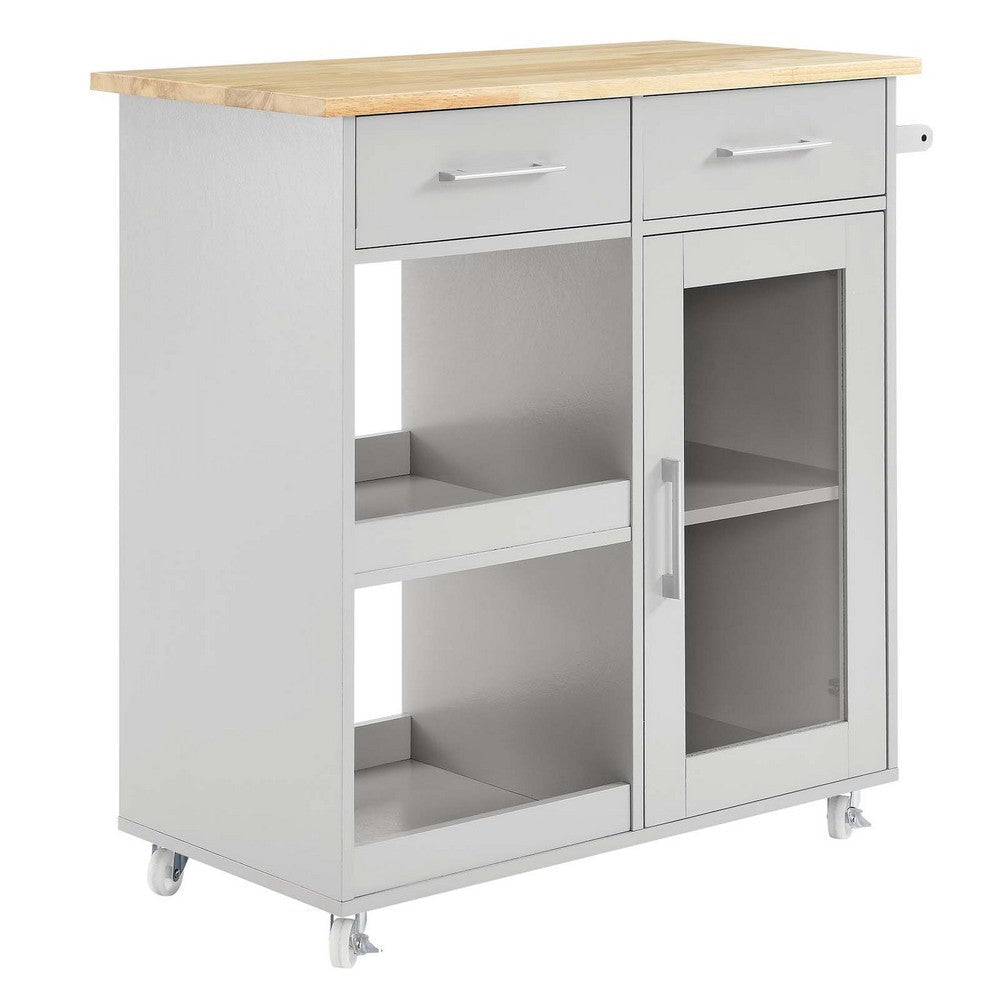 Modway Culinary Rolling Kitchen Cart with Storage in Light Gray Natural - 3 Tiers Kitchen Island on Wheels with Towel Bar, Functional as a Coffee Station, Bar Cabinet or Butcher Block Island