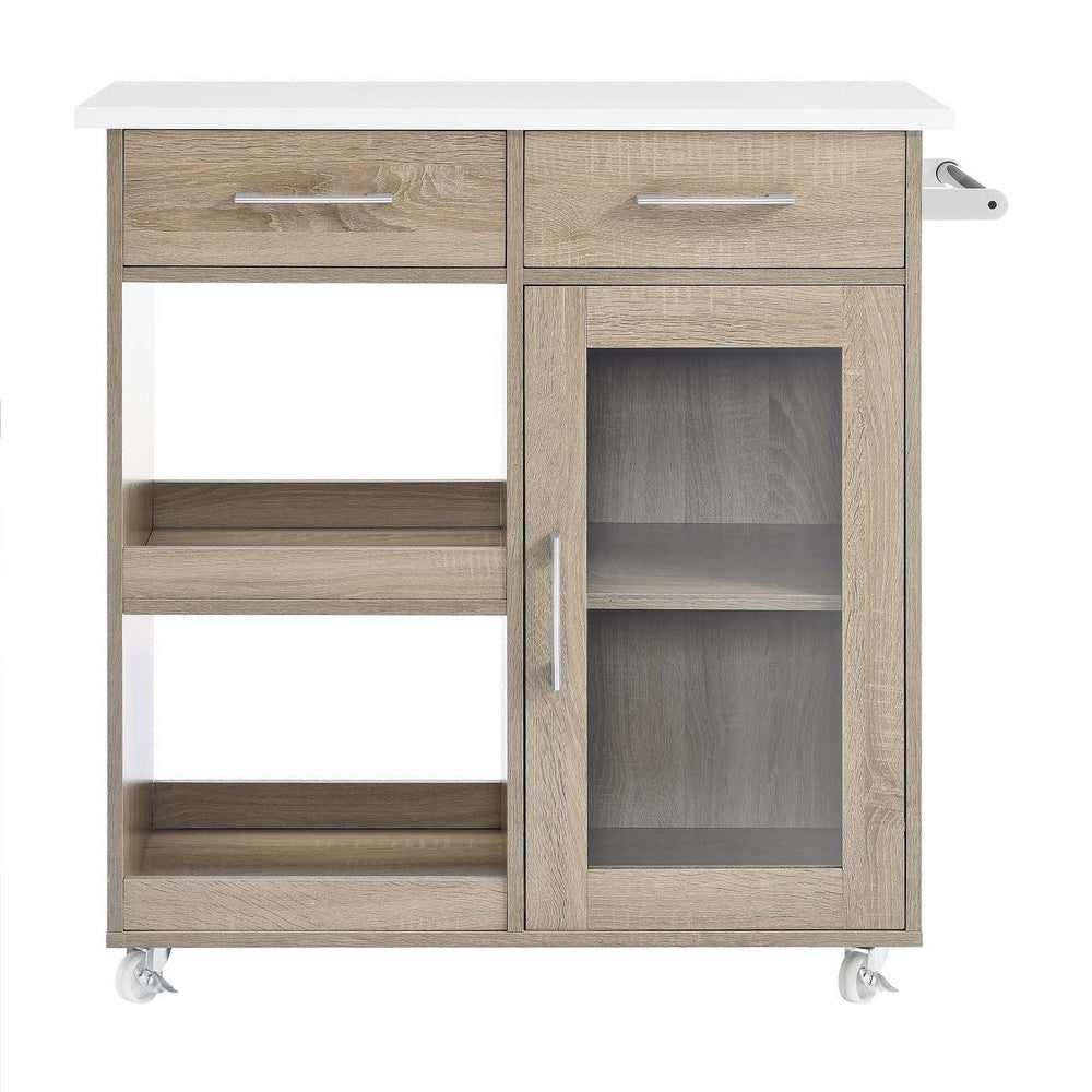 Modway Culinary Rolling Kitchen Cart with Storage in Oak White - 3 Tiers Kitchen Island on Wheels with Towel Bar Functional as a Coffee