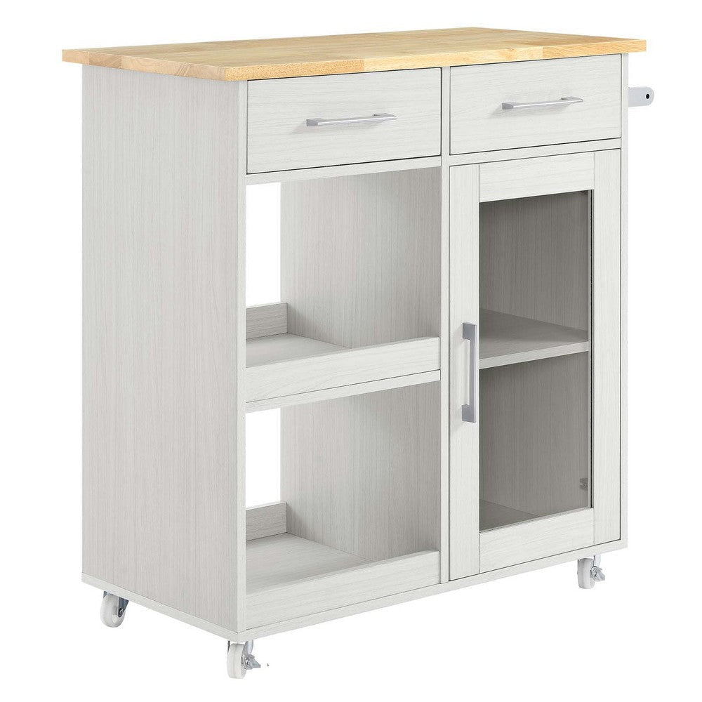 Modway Culinary Rolling Kitchen Cart with Storage in White Natural - 3 Tiers Kitchen Island on Wheels with Towel Bar, Functional as a Coffee Station, Bar Cabinet or Butcher Block Island