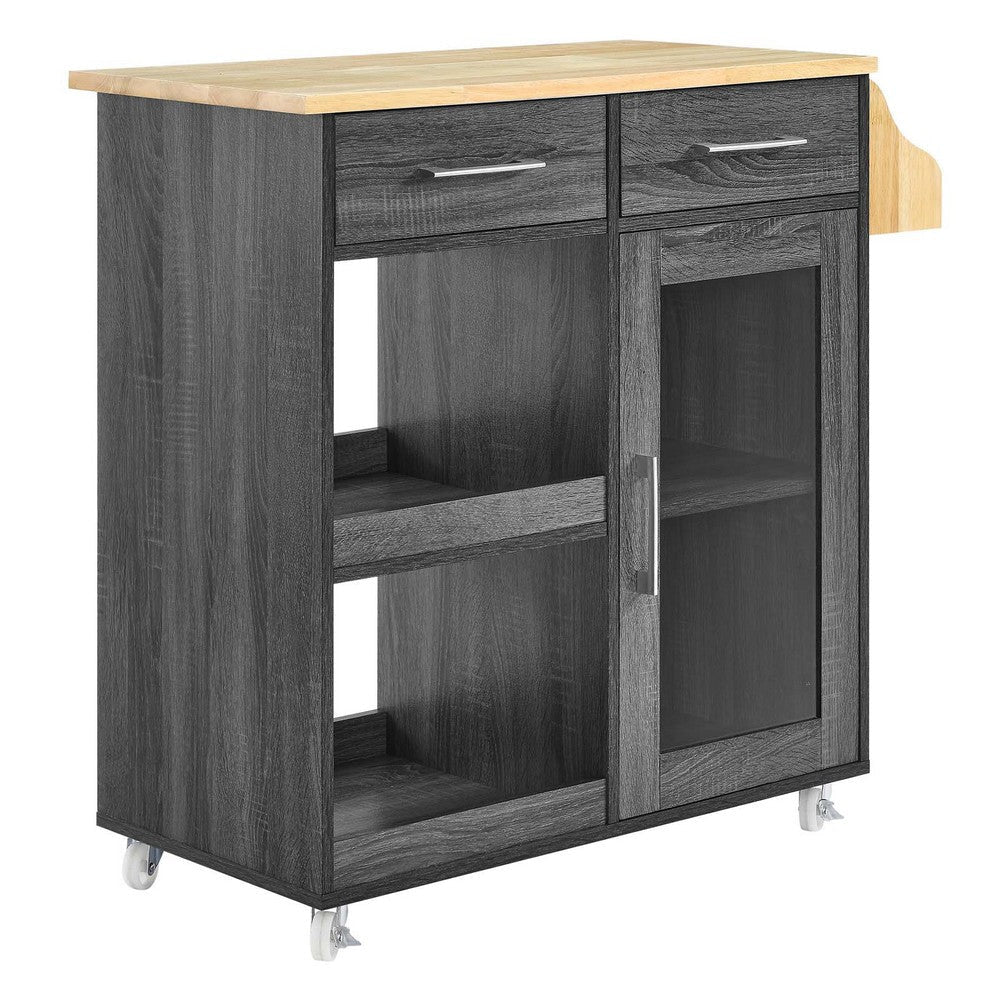 Modway Culinary Rolling Kitchen Cart with Storage in Charcoal Natural - 3 Tiers Kitchen Island on Wheels with Spice Rack, Functional as a Coffee Station, Bar Cabinet or Butcher Block Island