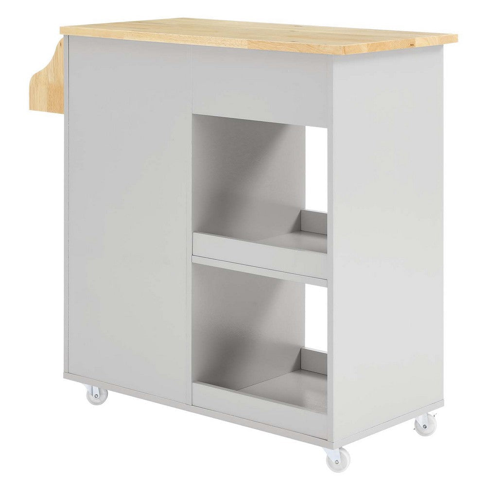 Modway Culinary Rolling Kitchen Cart with Storage in Light Gray Natural - 3 Tiers Kitchen Island on Wheels with Spice Rack Functional