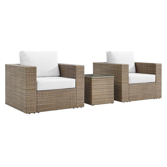 Modway Convene Wicker Rattan Outdoor Patio 3-Piece Armchairs and Side Table Set in Cappuccino White