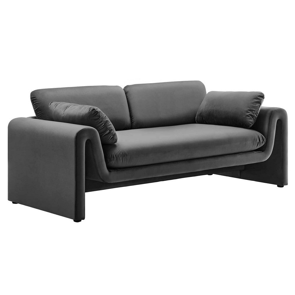 Modway Waverly Performance Velvet Sofa in Gray-Unique Wavy Design, Stain-Resistant Upholstery