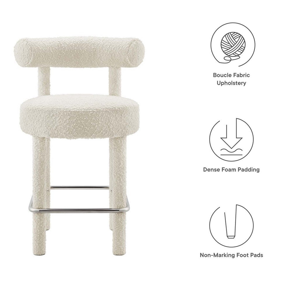 Modway EEI-6383-IVO-SLV Toulouse Boucle Fabric Counter Stool Ivory Silver MDY-EEI-6383-IVO-SLV