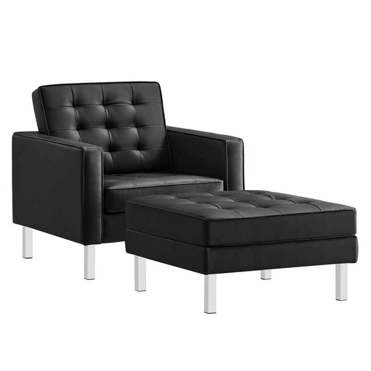 Modway Loft Tufted Vegan Leather Upholstered Living Room 2-Piece Armchair and Ottoman Set in Silver Black