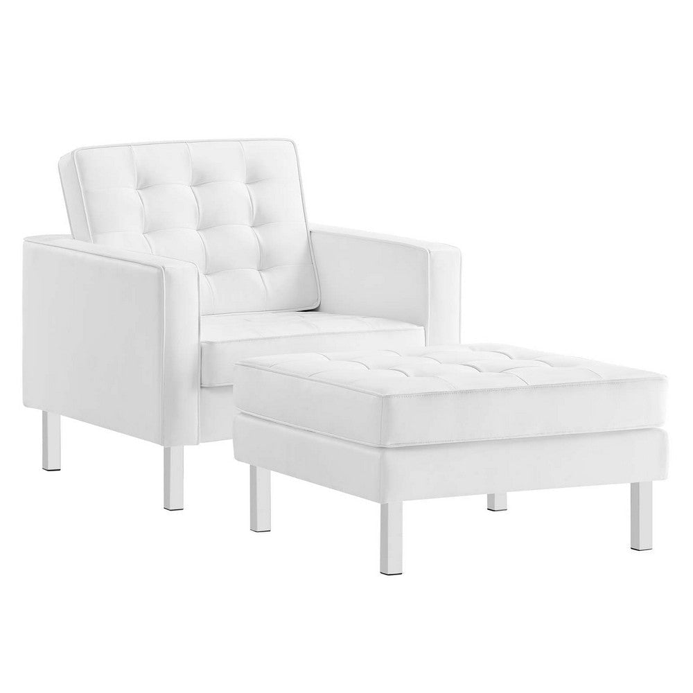 Modway Loft Tufted Vegan Leather Upholstered Living Room 2-Piece Armchair and Ottoman Set in Silver White