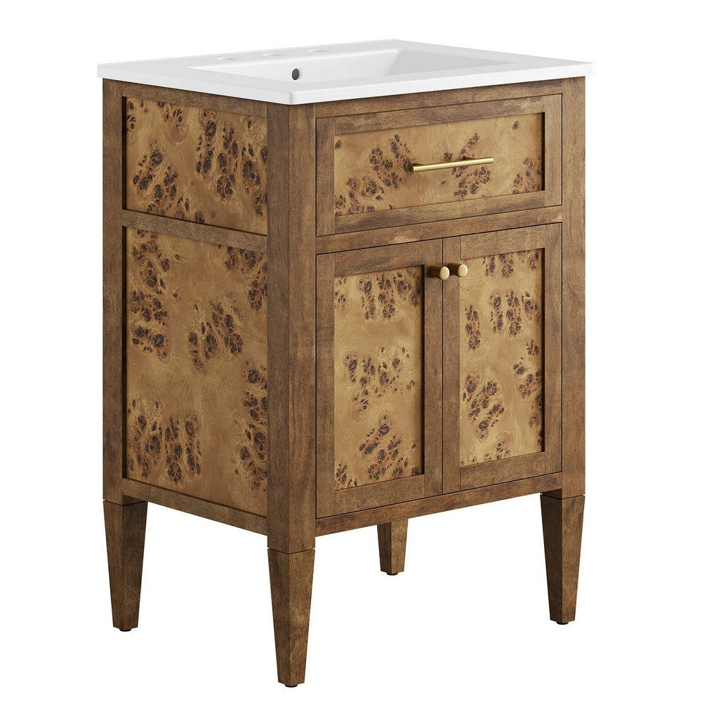 Modway Elysian 24" Burl Wood Bathroom Vanity in White Brown with Ceramic Sink Basin