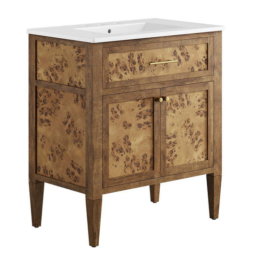 Modway Elysian 30" Burl Wood Bathroom Vanity in White Brown with Ceramic Sink Basin