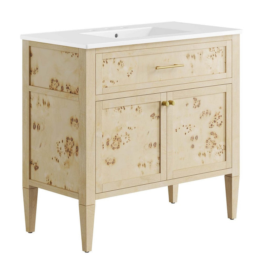 Modway Elysian 36" Wood Bathroom Vanity in White Burl with Ceramic Sink Basin