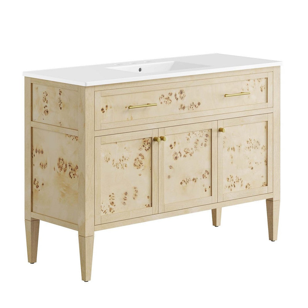 Modway Elysian Wood Bathroom Vanity in White Burl with Ceramic Basin, 48" Single Sink