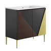 Modway Alchemist Modern Geometric Wood Grain 36" Bathroom Vanity in White Black with Ceramic Sink