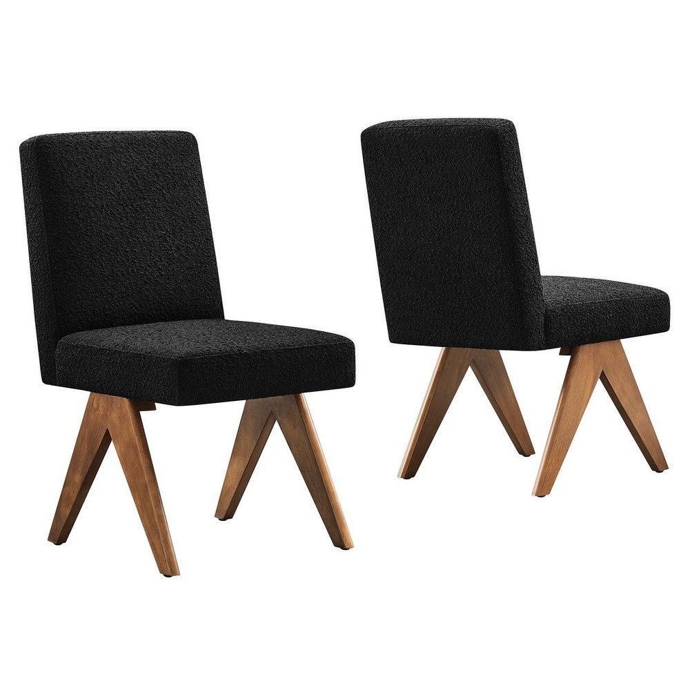 Modway Lyra Dining Room Side Chair in Boucle Upholstery in Black-Set of 2