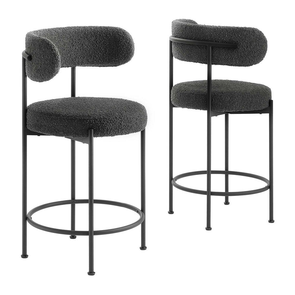 Modway EEI-6518-CHA-BLK Albie Boucle Fabric Counter Stools - Set of 2, Charcoal Black