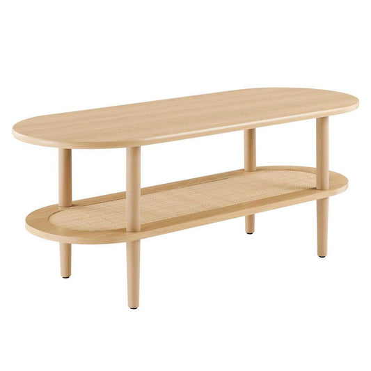 Modway Torus Oval Coffee Table with Rattan Shelf, Oak