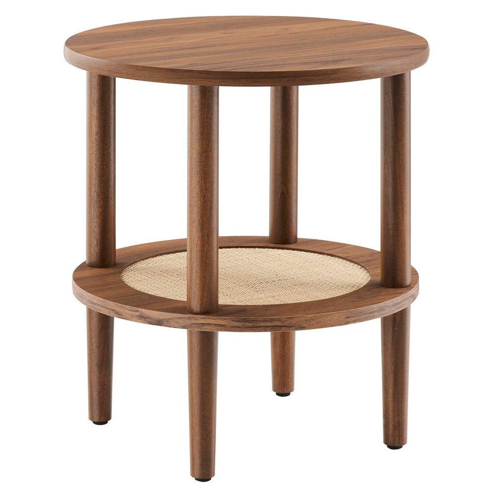 Modway Torus Round Side Table with Rattan Shelf, Walnut