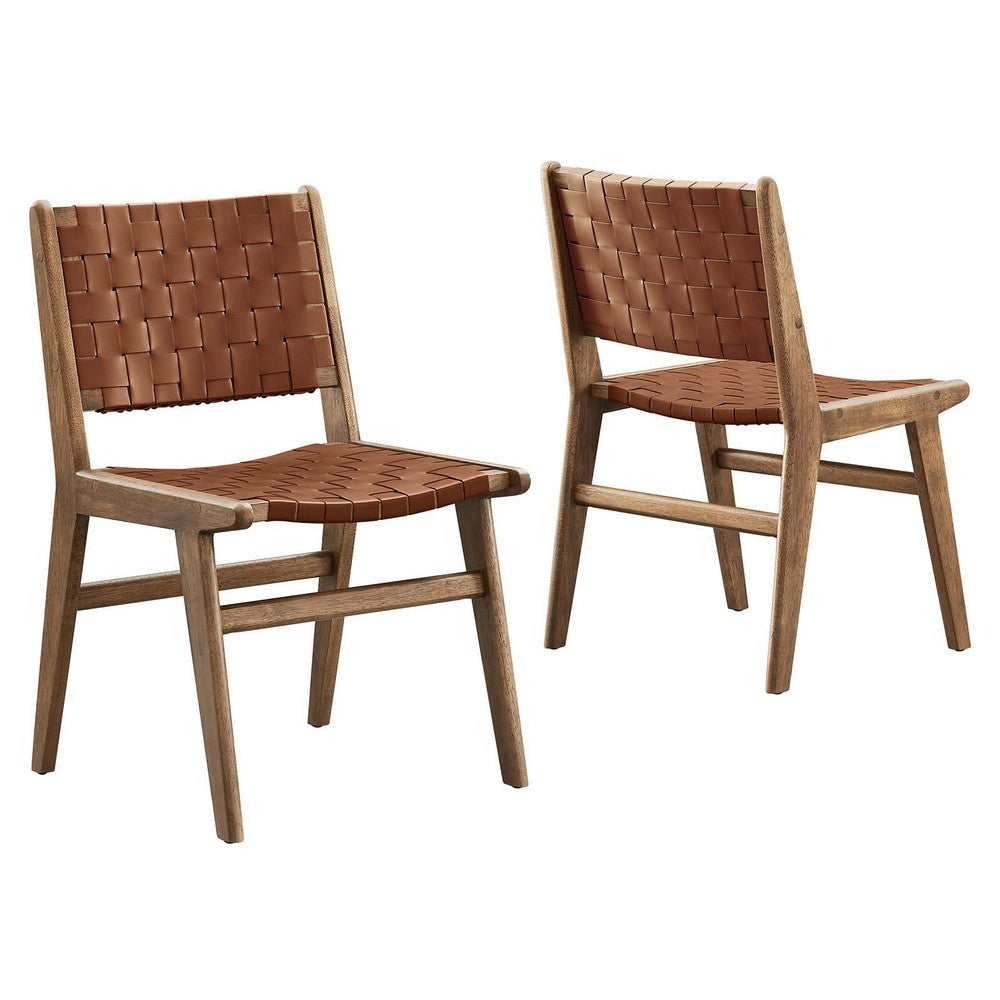 Modway Saoirse Wood Dining Side Chair-Set of 2-Woven Leather Seating in Walnut Brown