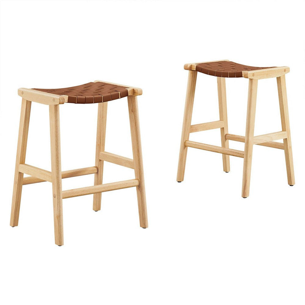 Modway Saoirse Faux Leather Wood Counter Stool - Set of 2 in Natural Brown