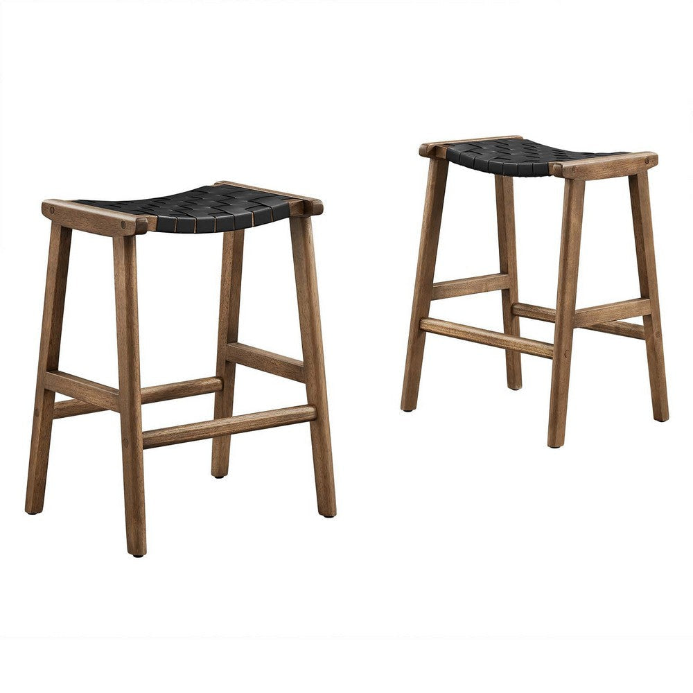 Modway Saoirse Faux Leather Wood Counter Stool - Set of 2 in Walnut Black