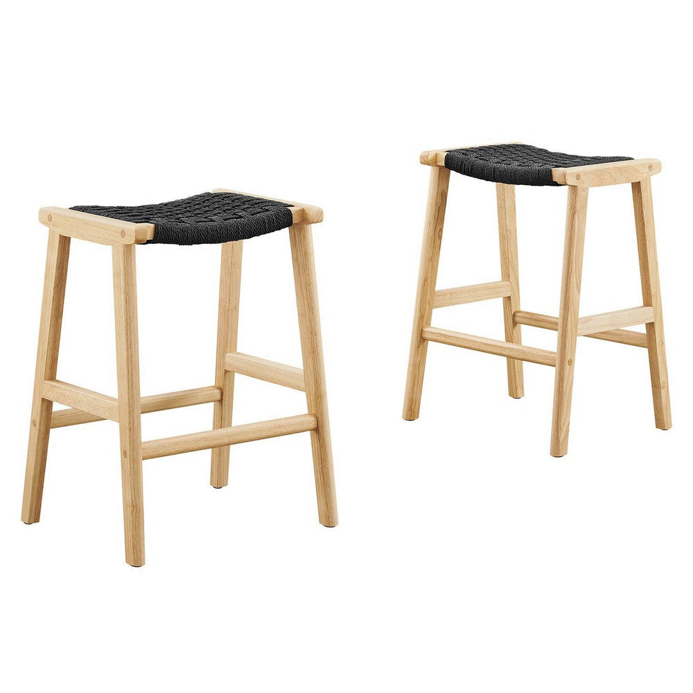 Modway Saoirse Woven Rope Wood Counter Stool - Set of 2 in Natural Black