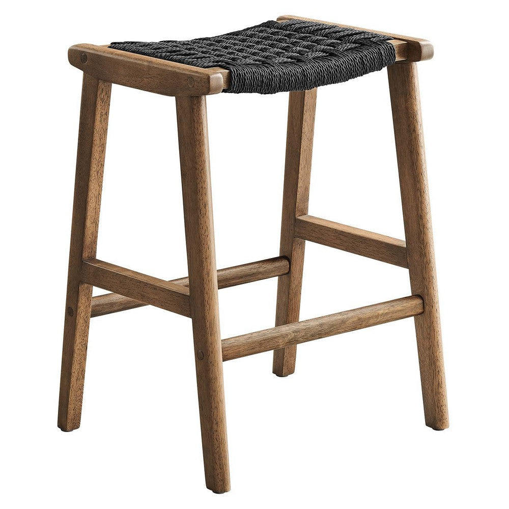 Modway Saoirse Woven Rope Wood Counter Stool - Set of 2 in Walnut Black MDY-EEI-6548-WAL-BLK