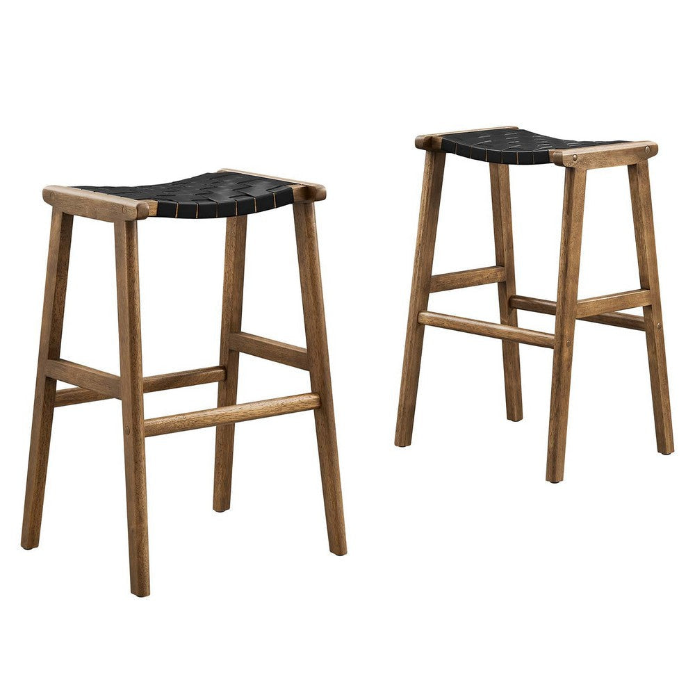 Modway Saoirse Faux Leather Wood Bar Stool - Set of 2 in Walnut Black