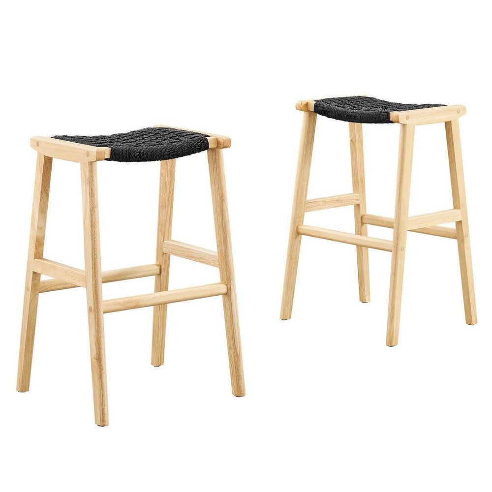 Modway Saoirse Woven Rope Wood Bar Stool - Set of 2 in Natural Black